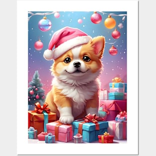 Cute Corgi with Santa Hat and Christmas Gifts Posters and Art